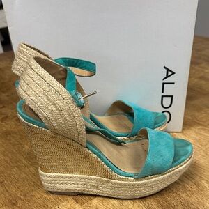 Aldo Teal and Tan Wedge Sandals